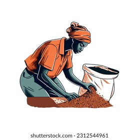 Afro woman farmer picking up seeds icon isolated