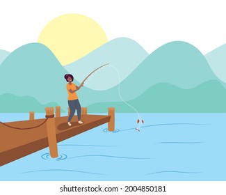 afro woman fisher in dock