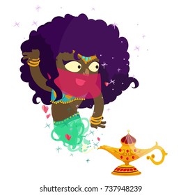 afro woman genie of the lamp cartoon