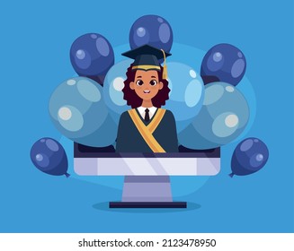 afro woman graduate in desktop character