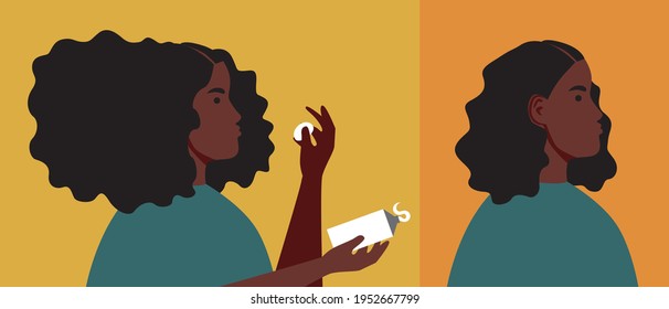 Afro Woman, Hair Cream. Flat Vector Stock Illustration. Styling Afro Hairstyles. Balm, Cream, Gel For Unruly Hair. Afro Style. Tube With Styling Product. African Care. Illustration With Beauty