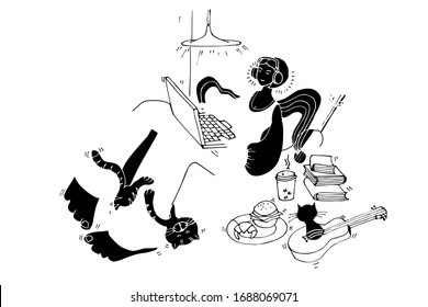 Afro woman with headphones works or studies at home. Ordering goods and products from all over the world. Social communication. Hand drawn vector illustration