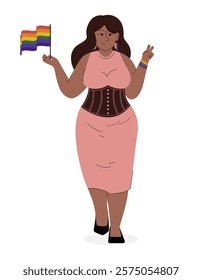 Afro woman hold lgbtq rainbow flag. Pride month celebration against violence, discrimination, human rights