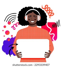 Afro woman holding empty placard for text on paper board. Blank advertising banner. Girl in wireless headphones. Doodle elements. Vector illustration