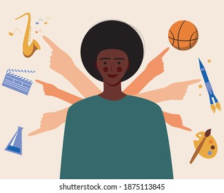 Afro woman isolated, choosing a profession. Flat vector stock illustration. Afro achievement concept, black history month. Achievements of African people. Illustration with a black woman