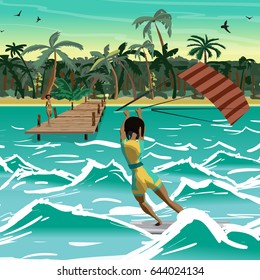 Afro woman kite surfing, back view. Girl windsurfing on water surface with air kite with tropical sea summer landscape. Vector flat cartoon illustration