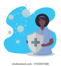 afro woman lifting shield with covid19 particles immune system vector illustration design