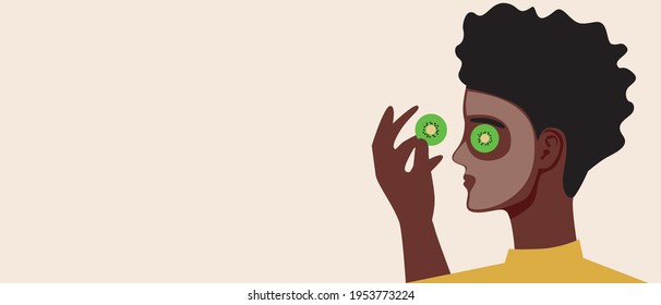Afro woman with natural cosmetics. Flat vector stock illustration. Organic face mask. Blank template for copy space. African skin care. Cosmetic mask. Illustration with place for text