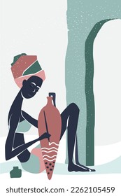 Afro woman painting a vase. Traditional ethnic tribal people vector cartoon illustration