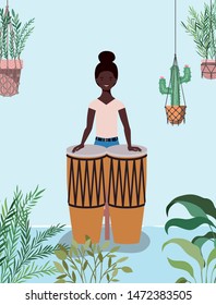 afro woman playing bongos character