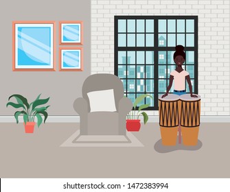 afro woman playing bongos character