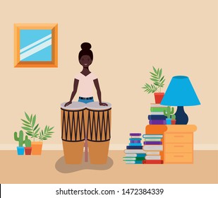 afro woman playing bongos character