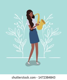 afro woman playing saxophone character