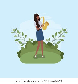 afro woman playing saxophone character