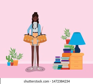 afro woman playing timpani character