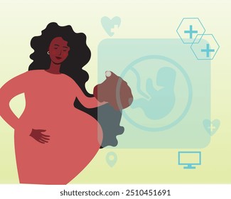 Afro woman and pregnancy management online, flat vector illustration with pregnant woman