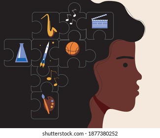 Afro woman, puzzle of professions in the head. Flat vector stock illustration. Concept of the achievements of African people, choice of profession. Afro profession basketball, saxophone