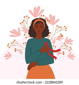 Afro Woman mit einem roten Band auf der Brust ist ein Symbol für den Kampf gegen AIDS. Das Konzept der Prävention von HIV-Infektionen. Vektorflache Illustration.