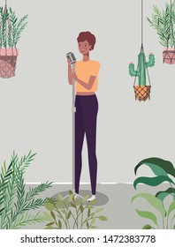 afro woman singing with microphone character