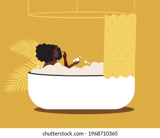 Afro woman, spa bath skin care. Flat vector stock illustration. Relax in the bathroom at home. Young African person with hair cream. Spa relaxation and black skin care. Vector graphics