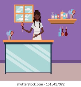 afro woman stylist working in salon workplace scene
