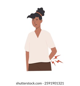 Afro woman suffering from back pain, holding her lower back with a pained expression. Medical concept of spine issues, posture problems, and physical pain. Flat Style Vector Illustration.