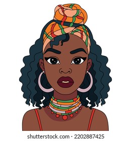 Afro Woman Turban Head Wrap Scarf with some ornaments black girl coloring illustration pages