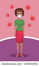 afro woman using face mask with covid19 particles vector illustration design