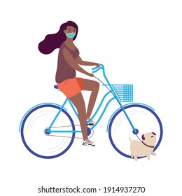 afro woman wearing medical mask in bicycle with dog outdoor activity vector illustration design
