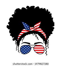 Afro women with aviator glasses bandana and USA Flag print. Messy Bun Mom Lifestyle. Vector illustration.  Isolated on white background. Good for posters, t shirts, postcards.