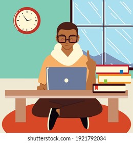 afro young man with laptop working sitting on the floor vector illustration