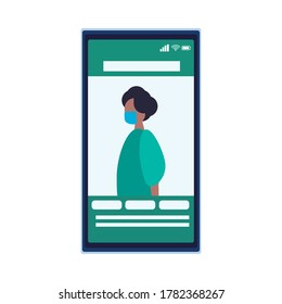 afro young man wearing medical mask in smartphone character vector illustration design