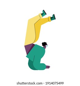 afro young man wearing medical mask dancing break dance vector illustration design