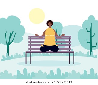 afro young woman practicing yoga in the park vector illustration design