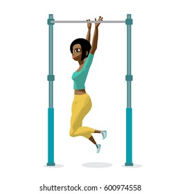 Afro young woman in sports clothes hanging on a horizontal bar in the gym. The girl pulls up on the crossbar. Flat cartoon isolated vector illustration