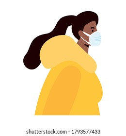 afro young woman wearing medical mask character vector illustration design