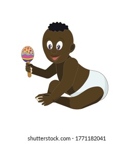 Afro-American baby playing with a rattle in Cartoon style on white isolated background, vector stock illustration for prints, emblems, icons, elements of design for Children’s clothes, good fields. 