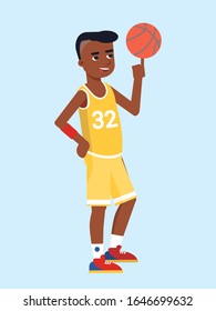 Afro-american basketball player wearing yellow uniform making trick with ball. Sportsman cartoon character standing isolated on blue space. Sports and active lifestyle. Vector flat illustration