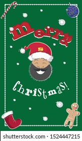 Afro-American, black hip-hop Santa Claus, Christmas postcard vector design. Diamonds and shiny staff (bling-bling) all around, luxury x-mas