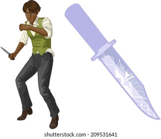 Afroamerican brawling man retro styled cartoon character with colored lineart
