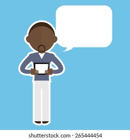 Afro-american business man standing with tablet and talking