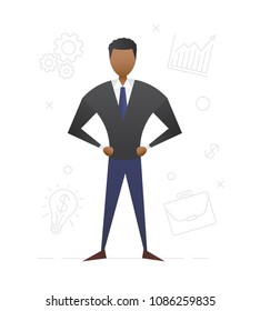 Afro-American businessman flat character design. Business analyst. Foreign politician. Office manager. Dark skinned man standing in confident pose. Vector isolated illustration