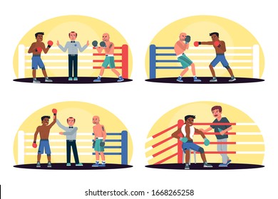 Afro-american and caucasian boxers with referee in ring sport championship set. Fight, battle, combat. Break and rest between rounds. Champion winner announcement. Vector cartoon illustration