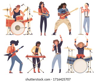 Afro-american, caucasian men, woman, musicians playing musical instruments: drums, guitar, electric bass, cymbals. Rock band. Guy, girl singing, Competition, show. Vector flat set isolated on white.