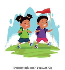 afroamerican children on school field trip couple walking with flag outdoor avatar cartoon character