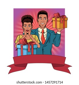 afroamerican couple avatar with gift box profile picture cartoon character portrait with colorful square frame background with ribbon banner vector illustration graphic design