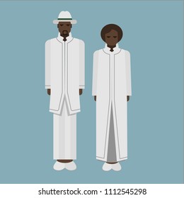 Afro-American couple wear white national costume. Black Couple in National Suits. Stock Vector Illustration.