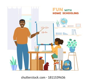 Afroamerican Dad Or Tutor Teaching Child At Home Using Pointer And Flipchart. Homeschooling Concept. Working Place Interior. Father And Daughter. Flat Vector Illustration.