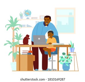 Afroamerican Dad Or Tutor Teaching Son At Home. Homeschooling Concept. Working Place Interior. Flat Vector Illustration.