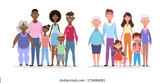 Afroamerican european family. Smiling parents elderly grandfather grandmother young father mother children girl boy elegant happy modern positive multiethnic family life. Joyful cartoon vector